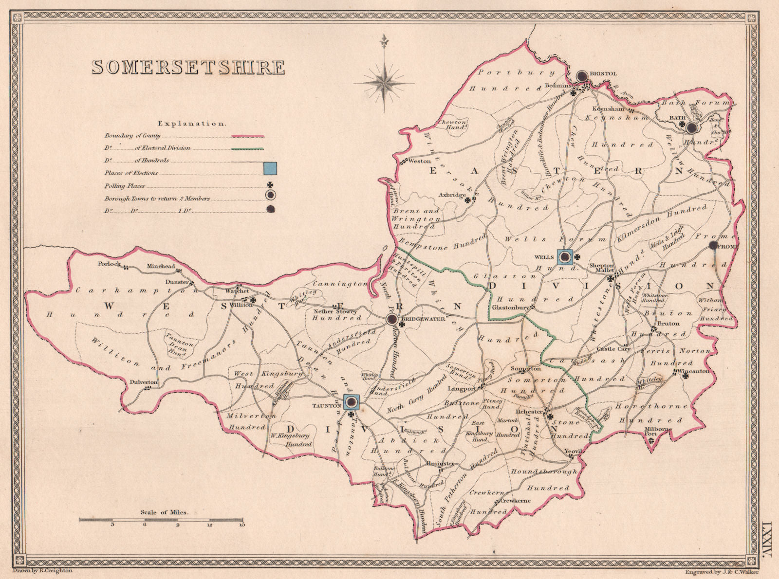 SOMERSETSHIRE antique county map by CREIGHTON/WALKER. Electoral 1835 old